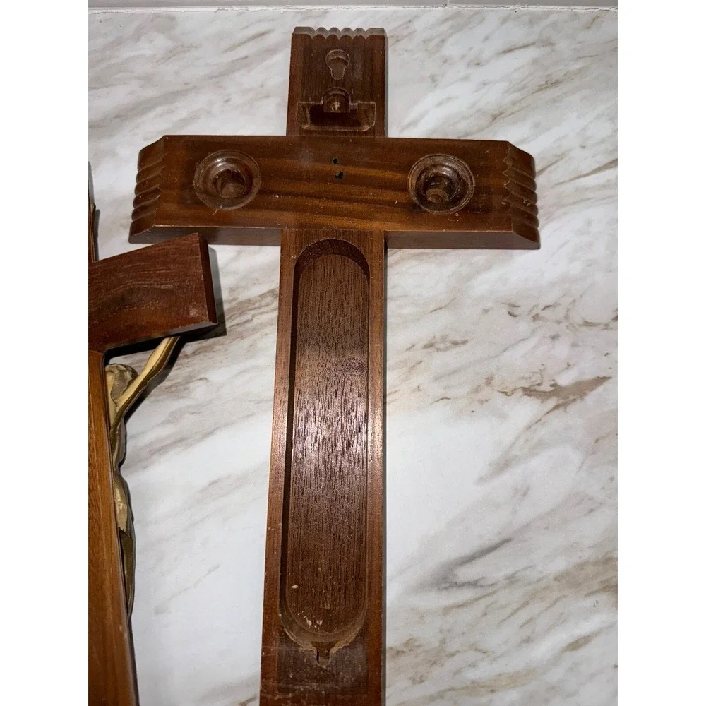VTG  MCM Crucifix INRI  Wood Slide  Crucifix wCompartment‎ Bottle/Candles